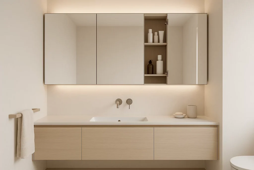 Minimalist bathroom with a sleek integrated mirror cabinet, hidden storage, and clean Scandinavian-inspired design.
