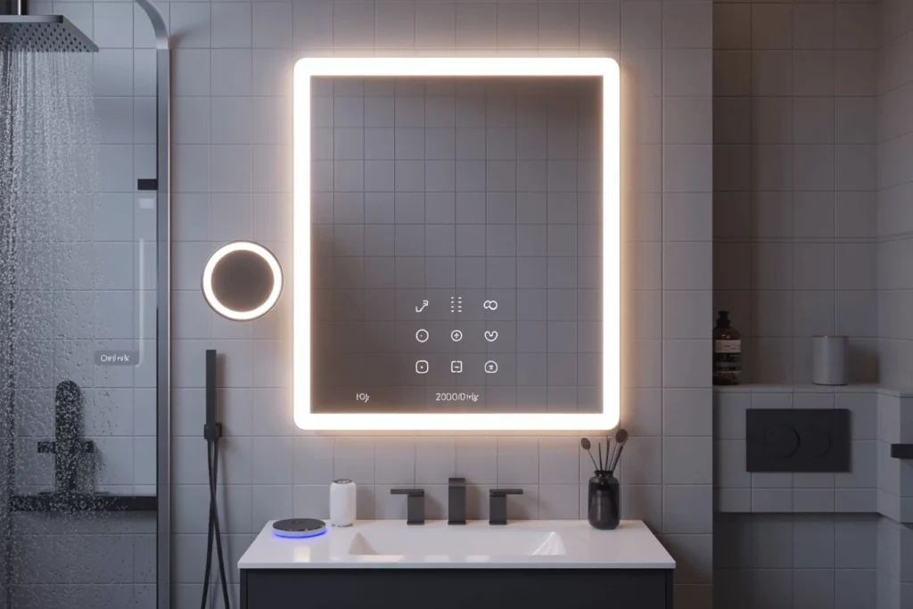 LED mirror demo dimming and color temp controls, anti-fog in steam, smart features, wall and recessed mounting options.