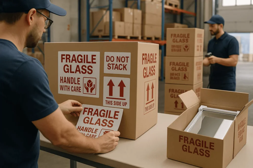  Mirror boxes labeled FRAGILE GLASS, HANDLE WITH CARE, DO NOT STACK, This Side Up; handlers follow labels in the warehouse.