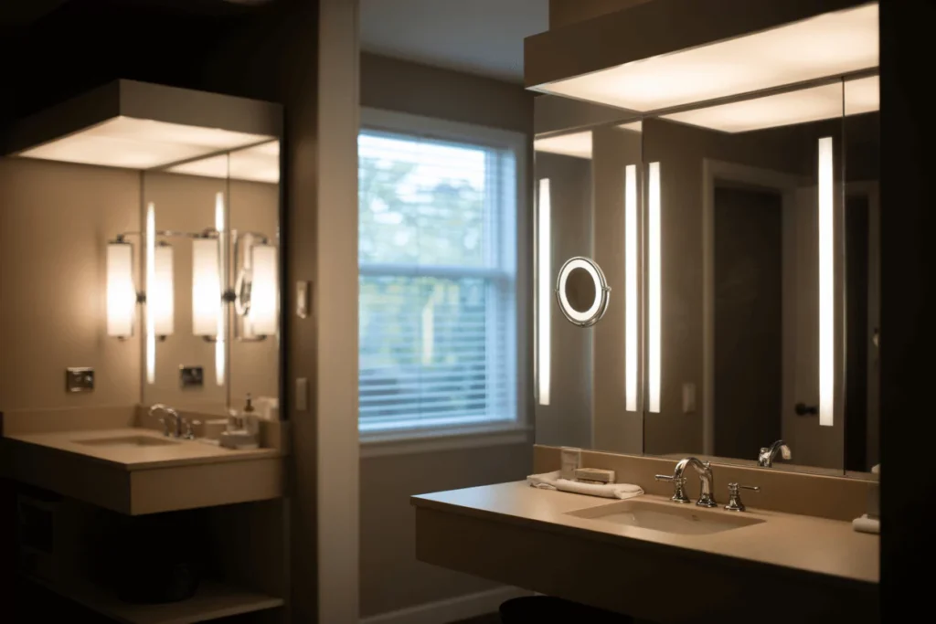 Modern bathroom showing mirrors with side sconces, integrated LED strips, and soft overhead lighting for balance.