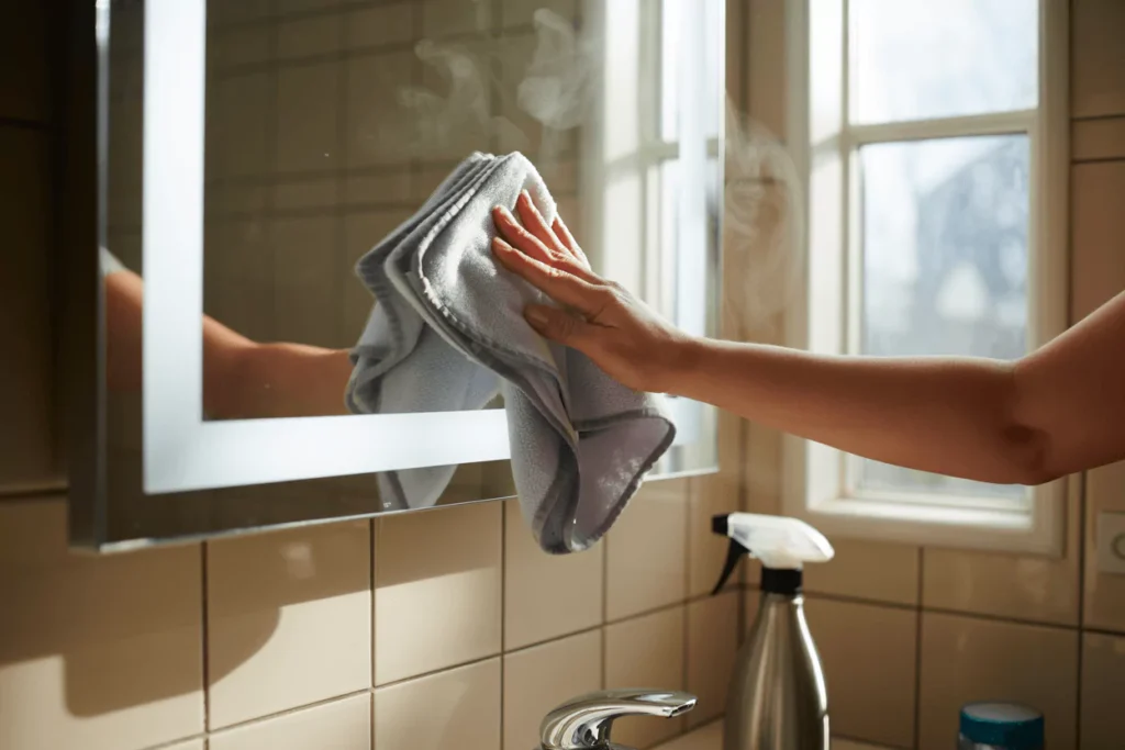 Microfiber cleaning an LED mirror; anti-fog on; keep spray from electrical areas; no wiping; realistic bathroom scene.