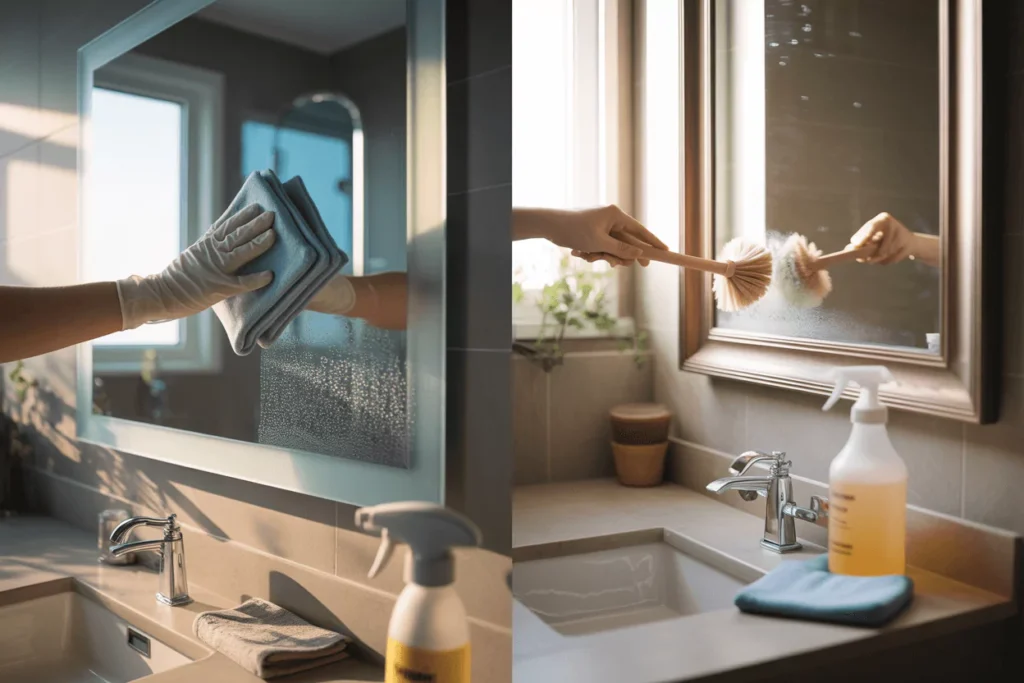 frameless mirror wiped at sealed edge; framed wood mirror dusted; tools nearby, mild humidity seen.