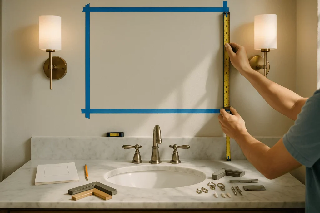 Hands measure taped mirror space above the bathroom vanity; sconces, level, frame samples, and hardware arranged neatly.