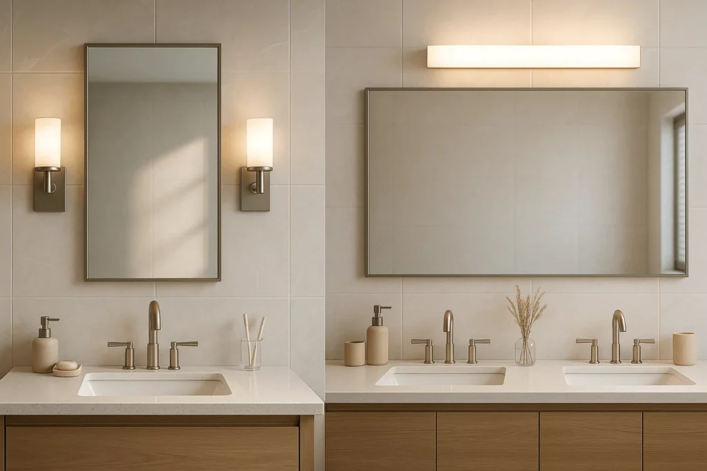 vertical mirror centered over single sink, sconces; horizontal mirror over double vanity, diffused soft light.