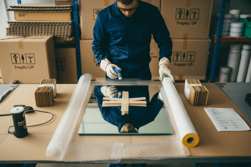 Tech packs mirror masking-tape X, foam layer, antistatic bubble wrap, film on, corners protected; workbench, warehouse.