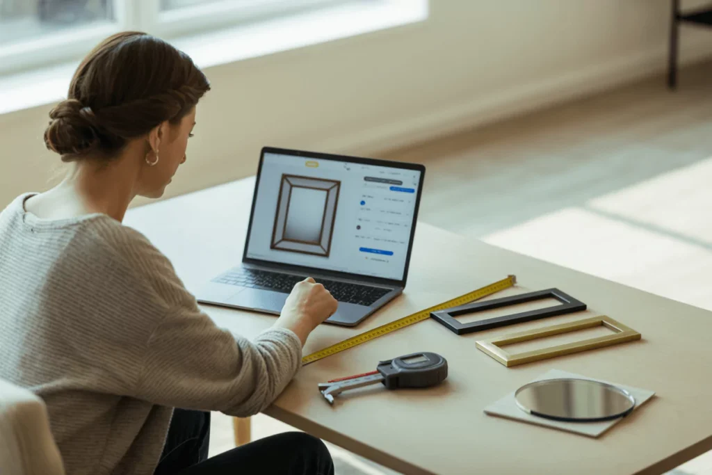 Tabletop final order review tablet shows icon-only mirror specs; size sliders, edge swatches, hardware, tape and level.