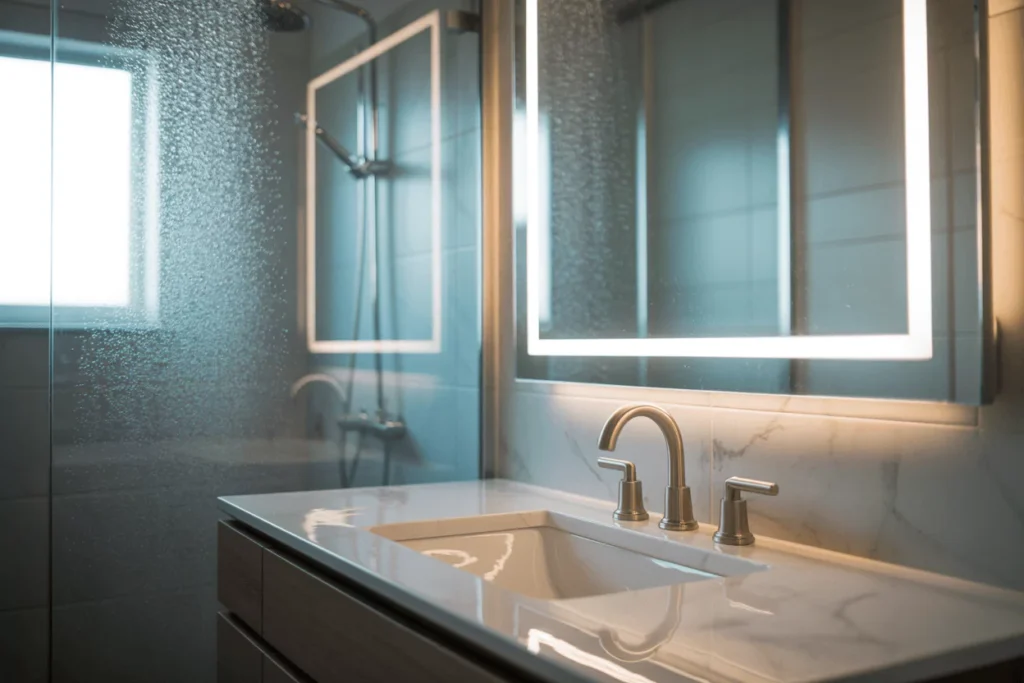 Steamy bathroom with LED anti-fog mirror; motion sensor on; touch controls adjust brightness and color temperature.