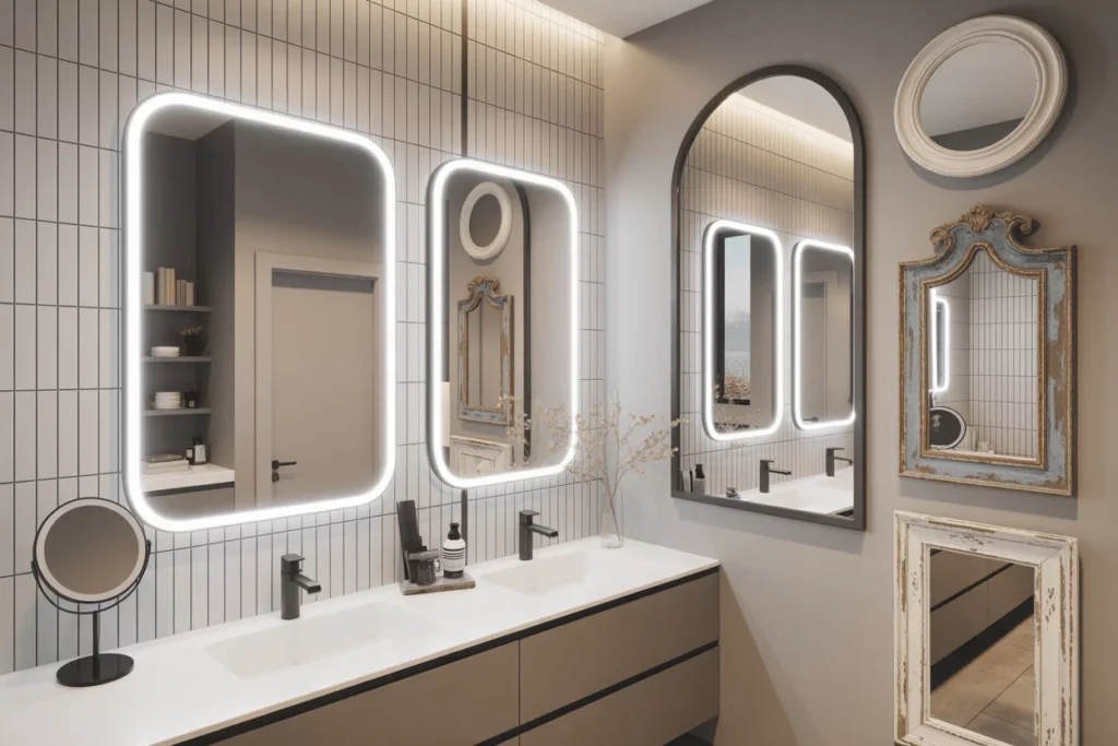 Bathroom display featuring frameless, lighted, arched, oval, round, large, vintage, farmhouse, and white-framed mirrors.