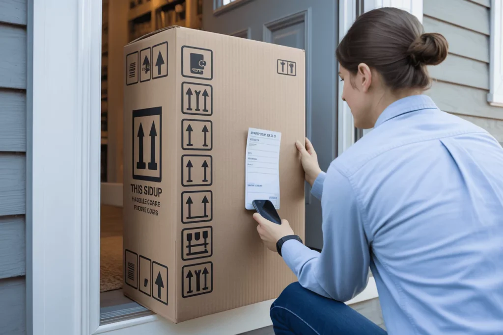 Homeowner inspects upright mirror box: checks dents/corners, listens for loose glass, confirms 'This Side Up' arrows.