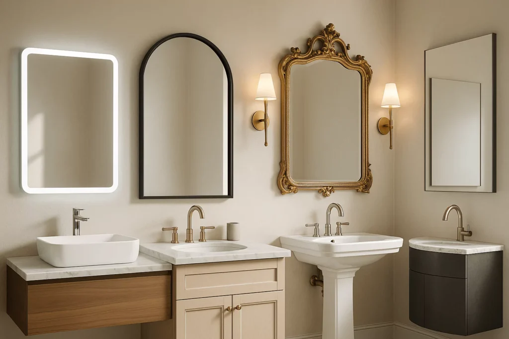 Modern bathroom showcasing smart, bold, vintage, and minimalist mirrors that blend function with personal style.  