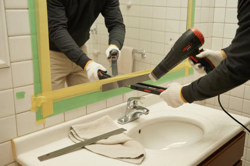 Bathroom scene showing safe mirror removal with painter’s tape, gloves, utility knife, and hair dryer warming adhesive.