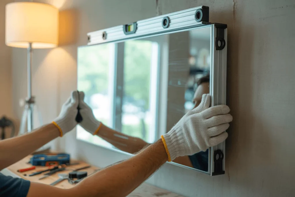 Installer mounts frameless mirror to French cleat; level, drill nearby; clips, Z clips, adhesive mounts, wire kit shown.