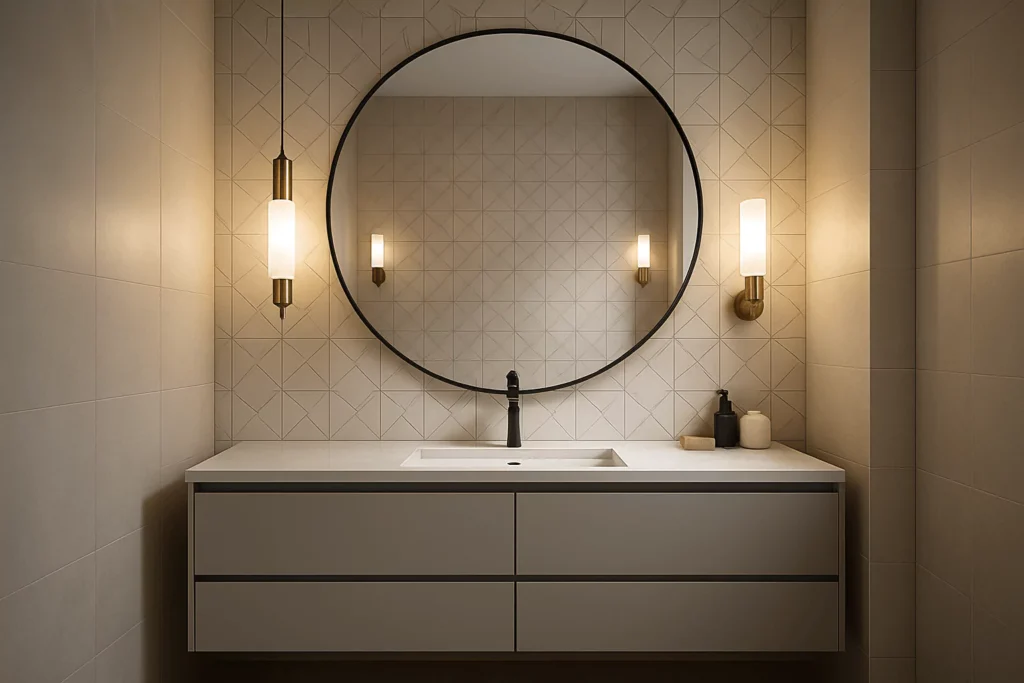Modern bathroom with a large round vanity mirror, pendant lights, and sconces softening sharp tiles and cabinetry. 