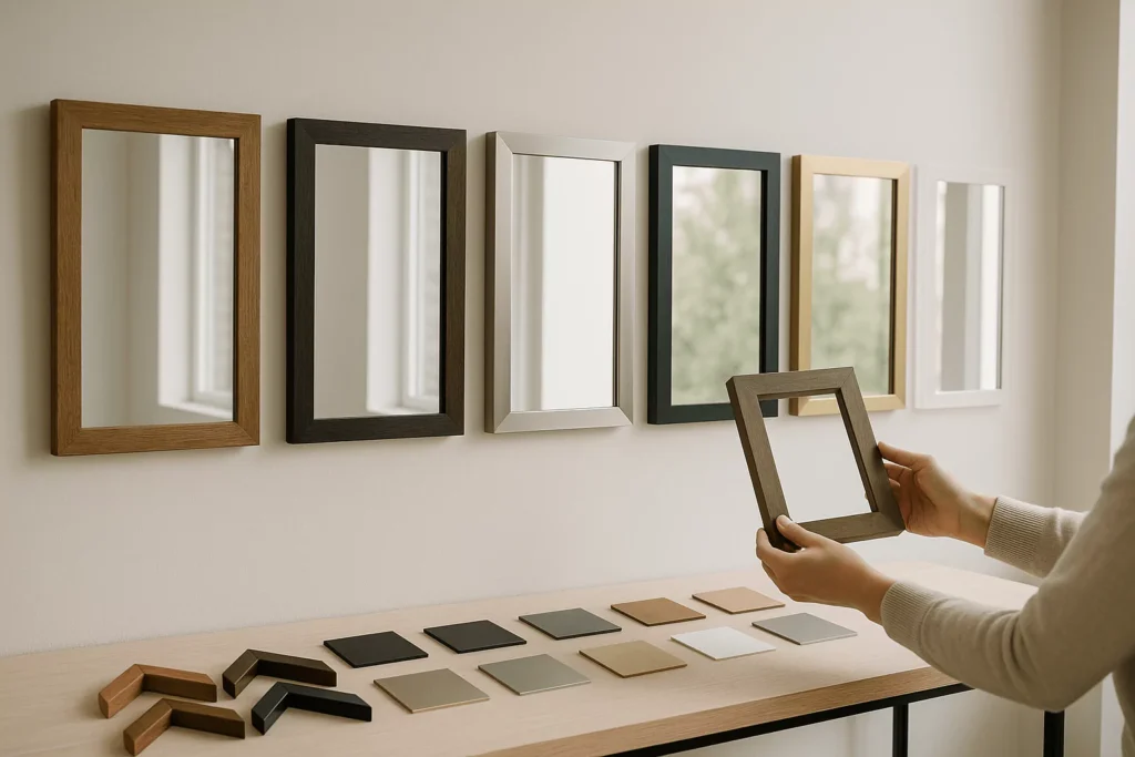 Design studio wall with mirrors framed in wood, brushed nickel, matte black, gold, and acrylic; samples on console tidy.