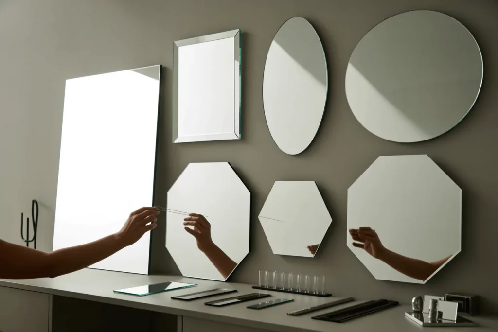 Showroom with frameless mirrors—rectangle, square, oval, circle, hexagon, octagon—and a wrap-around corner installation.