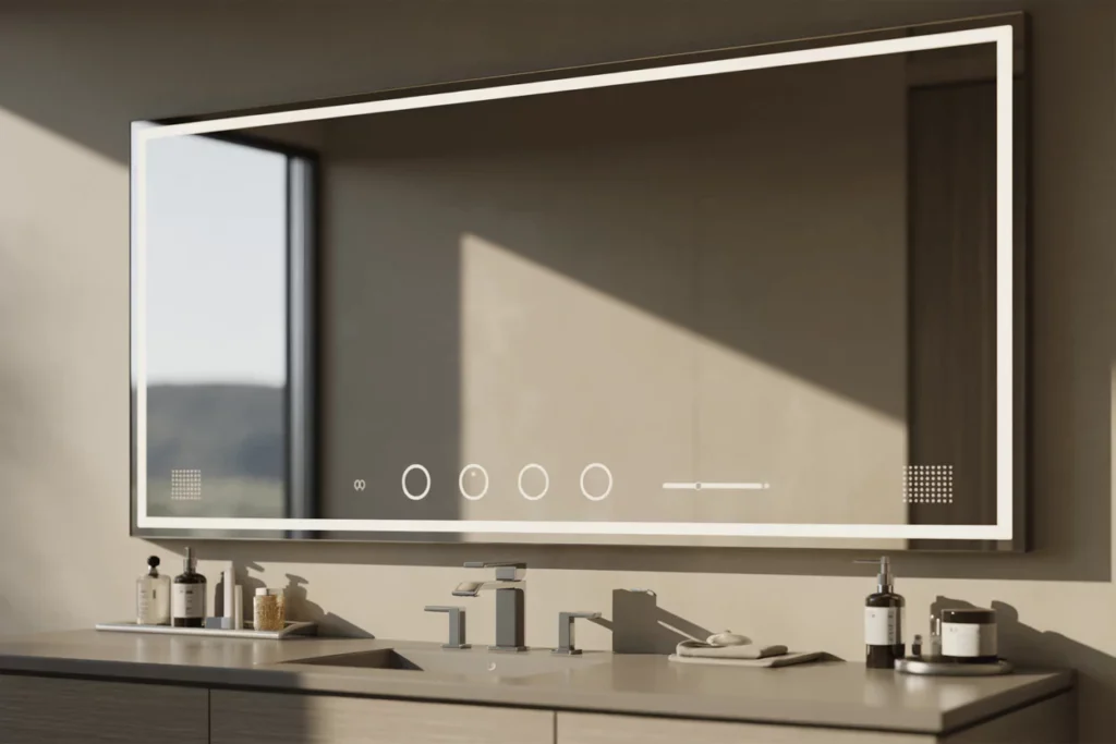 Modern vanity with LED mirror; soft touch controls and small speaker grilles show tunable light and Bluetooth.