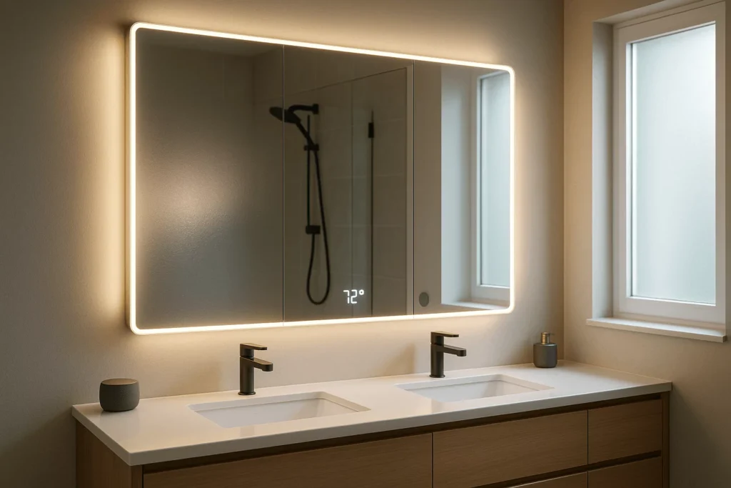 Modern bathroom with a smart LED mirror, defogger, motion lighting, and built-in cabinet storage.