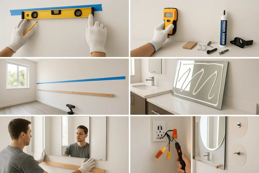 Montage of bathroom, gyms, frameless, LED, and drywall installs with tools, spacers, level marks, and safe wiring shown.