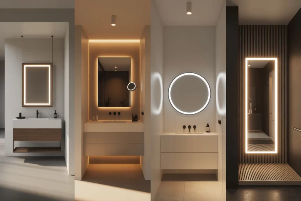 Four LED mirror styles: frameless minimalist, dimmable spa luxury, compact round, and dramatic full-length statement.