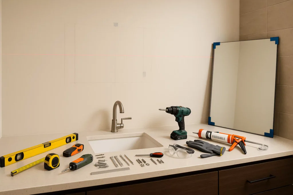 Bathroom install scene vanity ready, mirror prepped; level, tape, drill, anchors, clips, adhesive, gloves, goggles.