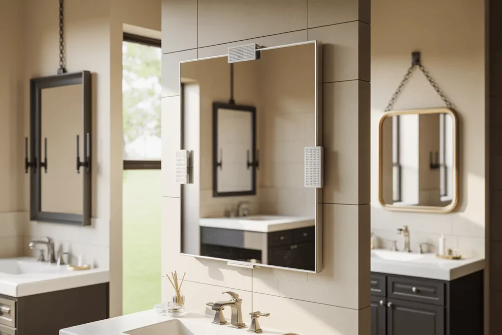 Bathroom frameless mirror in J-channel with clips; black framed on cleat; gold framed on D-rings; tall vertical mirror.