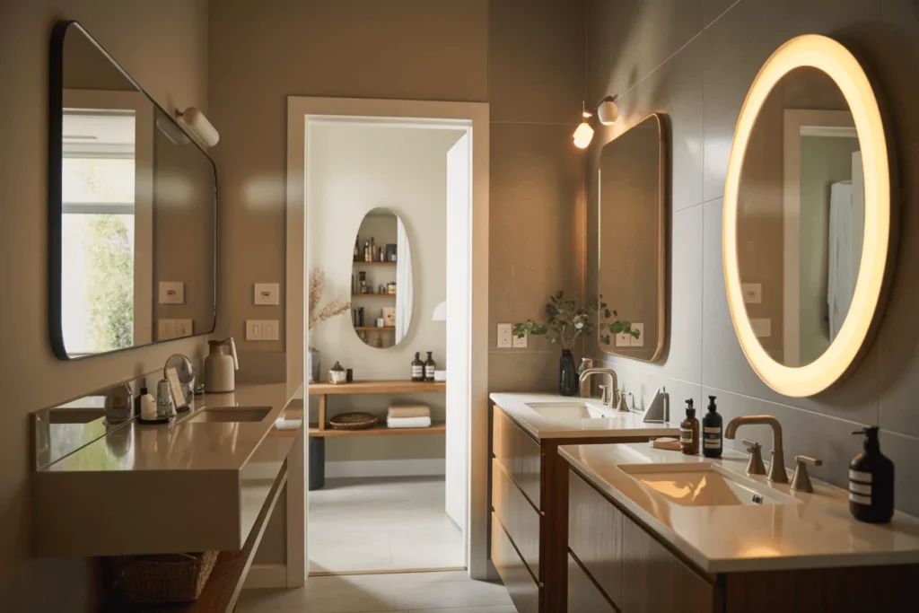 Contemporary bathroom showing frameless, framed, lighted, and storage mirrors; round, oval, square, rectangular shapes.
