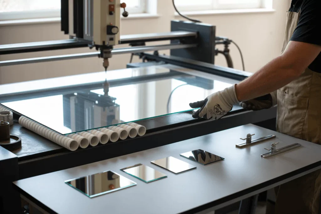 Tech inspects freshly cut mirror on CNC table; samples show flat, pencil, beveled edges with clips and J-channel nearby.
