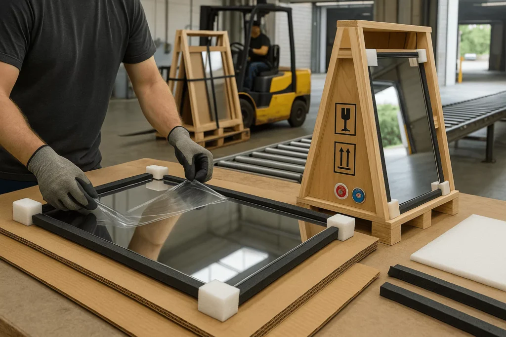 Tech packs a bathroom mirror with film, foam corners, edge guards; A-frame crate with shock/tilt indicators in warehouse