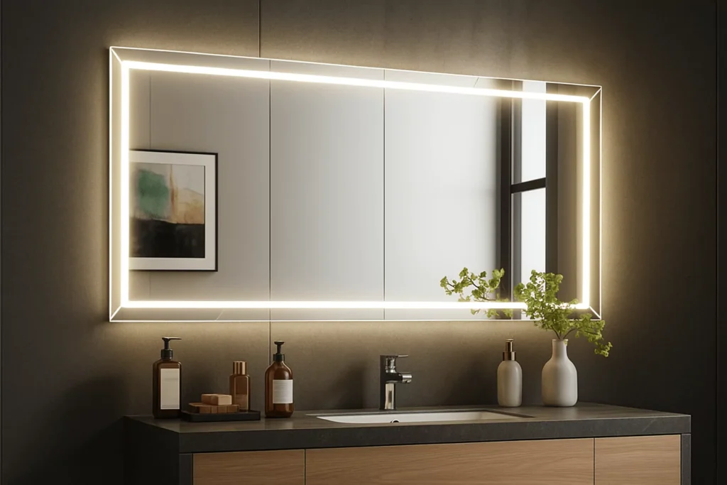Modern bathroom vanity with large LED backlit mirror, even glare-free light on wall and counter, arranged toiletries.