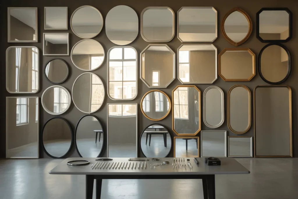 Showroom grid of rectangle, round, oval, diamond, octagon; framed/frameless. Designer measures; tools for customization.