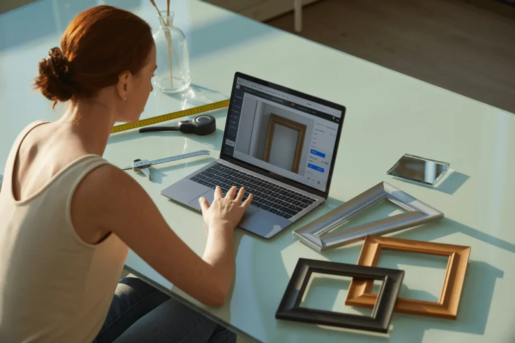 Buying mirrors online: laptop shows filters and full specs; phone shows tracking; tape, calipers, samples, boxes, icons.