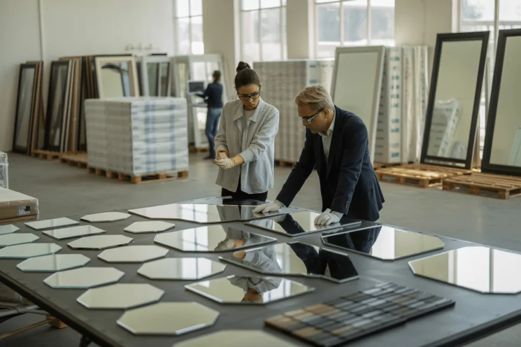 Designer and contractors review mirror templates and edge samples in a bright studio; boxes & forklift signal wholesale.