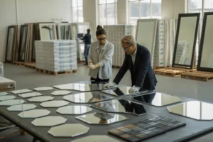 Designer and contractors review mirror templates and edge samples in a bright studio; boxes & forklift signal wholesale.
