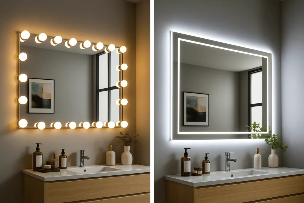 incandescent vanity mirror with glare vs LED backlit mirror with even light and minimal shadows.