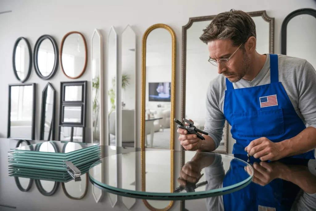 USA mirror showroom: tech inspects glass edge/backing; wall shows black/gold framed, frameless, LED, MirrorView antique. 