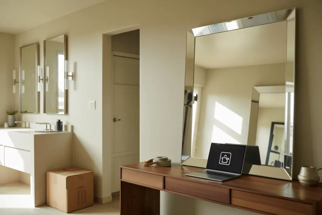 Modern home view  bathroom frameless mirror, gym panel, round vanity mirror, beveled living mirror, laptop, carton box. 