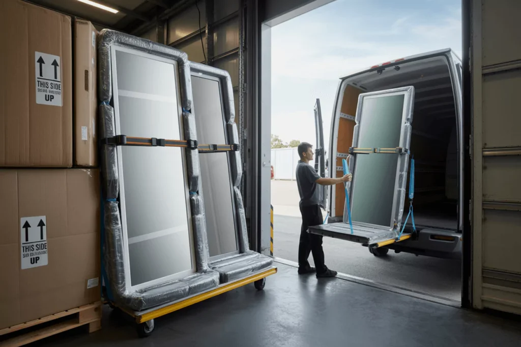 Mirrors strapped upright on A-frame carts and racks; ‘This Side Up’ labels, shock/tilt indicators, loading into van.