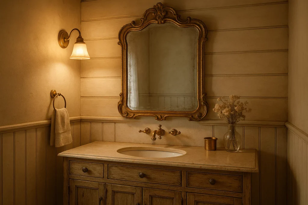 Farmhouse bathroom with an ornate vintage mirror, brass fixtures, distressed wood, and warm gold accents.