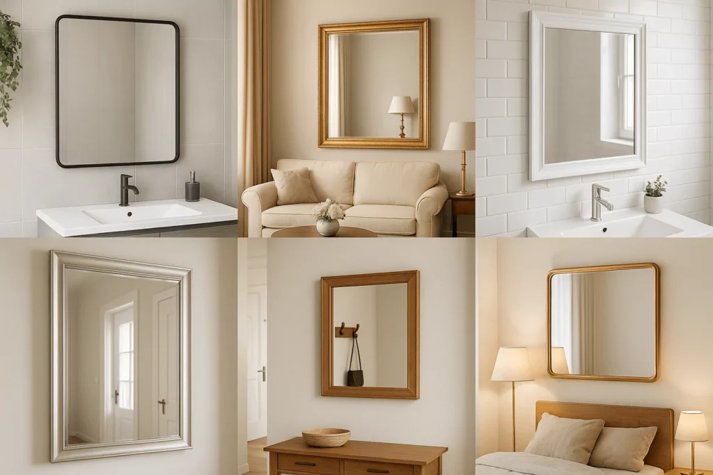 Home interiors with black, gold, white, brass, silver, and wood framed mirrors styled in bathrooms, bedrooms, and living areas.