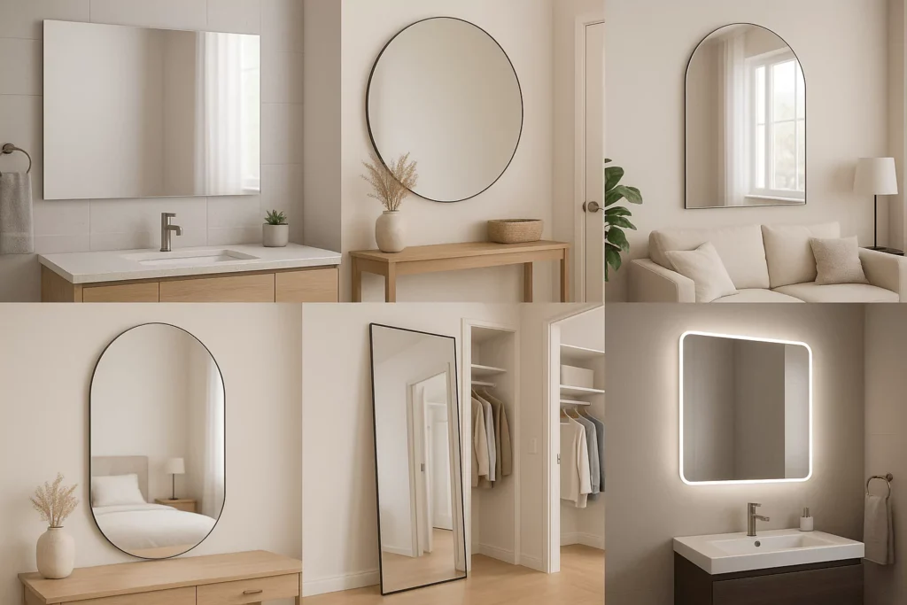 Modern interiors with frameless mirrors in bathroom, entryway, bedroom, and closet, showcasing sleek minimalist designs.
