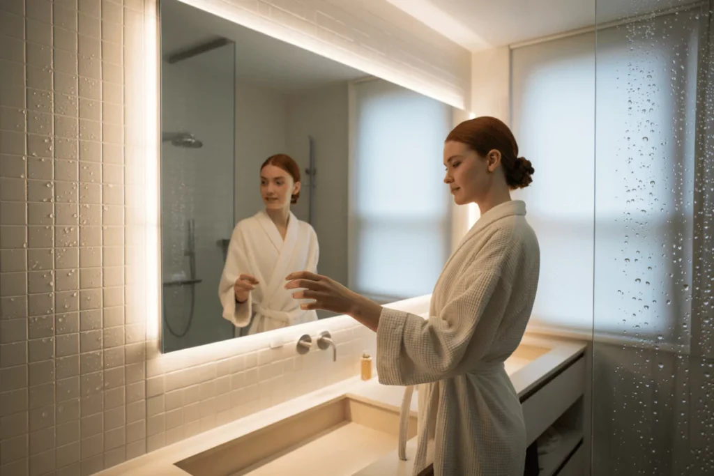 LED mirrors shown: round edge-lit, rectangular backlit, framed panel-lit, frameless; even, glare-free light at a grooming vanity.