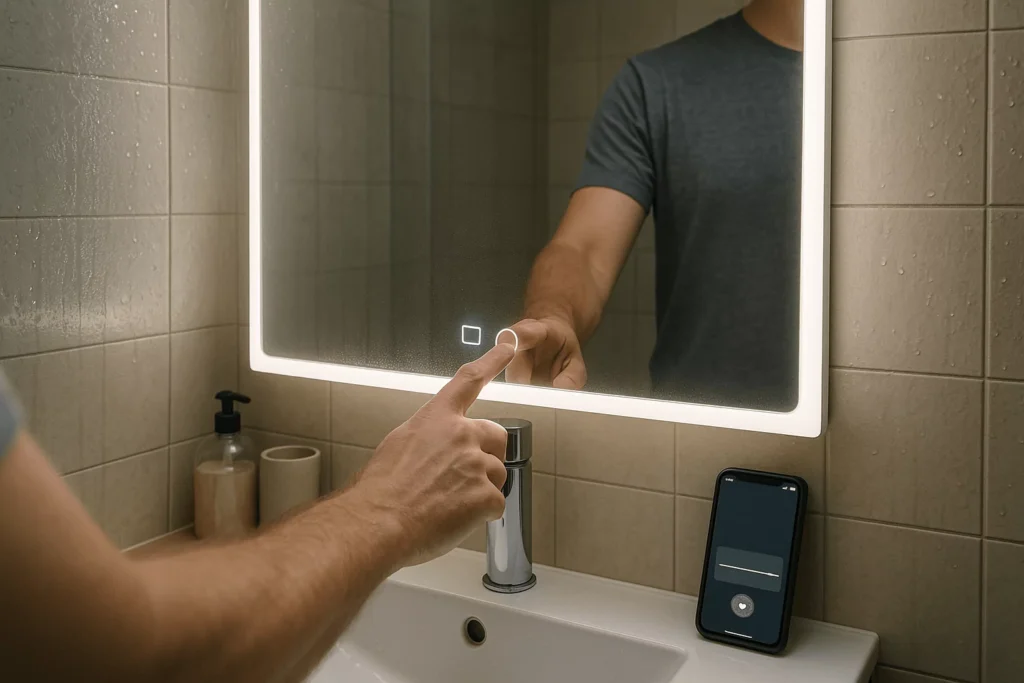 Steamy bathroom with clear anti-fog LED mirror; person taps touch controls; color temp and brightness memory shown.