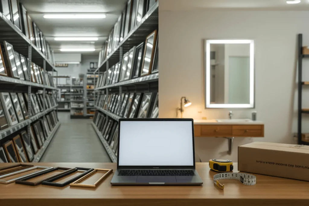 Local store with sparse mirror aisle; home shows off customization, swatches, shipping box, and LED mirror.