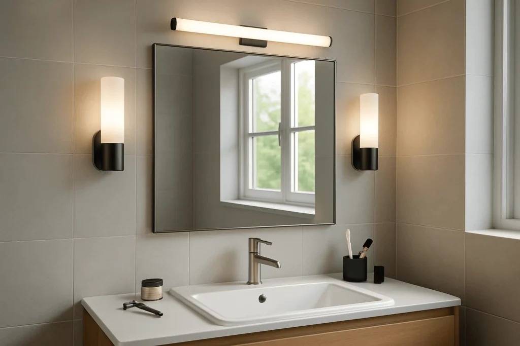 Modern bathroom with a vanity mirror reflecting light, paired with overhead sconces and daily grooming essentials.