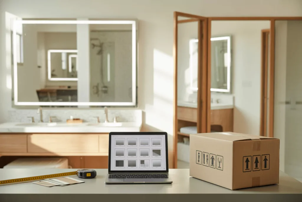 Laptop with thumbnails, swatches, and shipping box; bathroom shows frameless LED, framed, & cabinet mirrors.