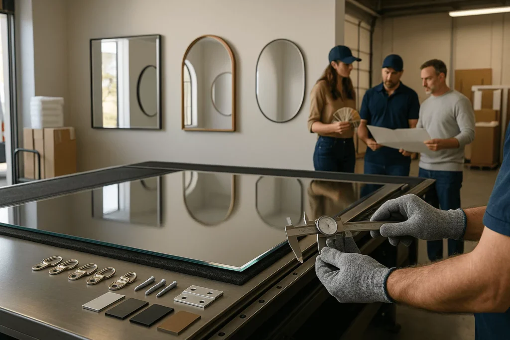 Technician checks beveled mirror with caliper in a workshop; showroom mirrors and packing station visible, unbranded van