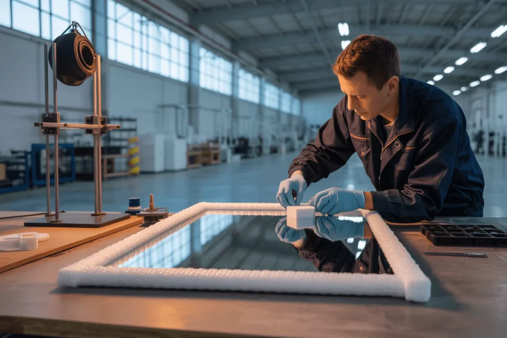 tech fits corner protectors; drop-test rig runs; screen shows damage analytics and review icons.