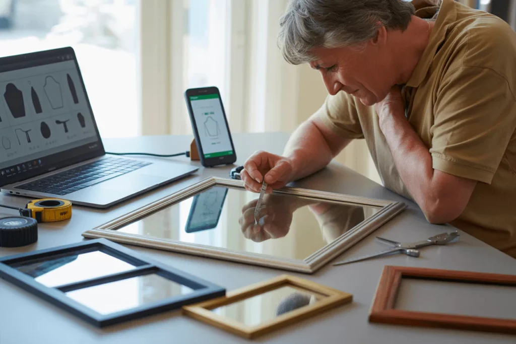 Modern living room with laptop and custom mirrors, beveled and framed, plus mounting hardware and tape, natural daylight