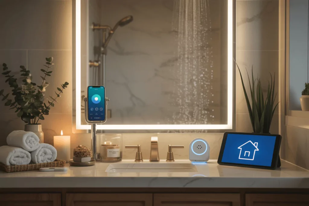 Steamy modern bathroom with clear anti-fog LED mirror; phone app controls; wellness setup; tablet shows home value icon. 