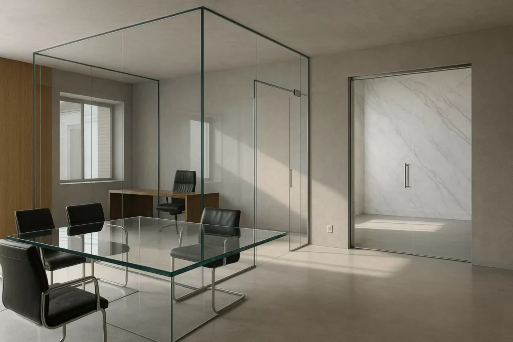 Modern space with 1/2" tempered glass walls, doors, and table showing strength, clarity, and architectural elegance.